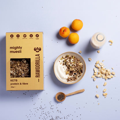 Organic Mighty Muesli Keto by Raw Gorilla in a 250g package, showing a bowl of raw, healthy muesli with nuts and seeds.