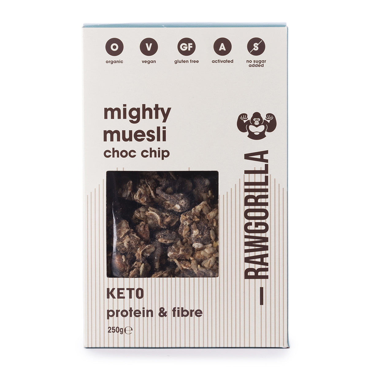 Organic Mighty Muesli Chocolate Chip keto cereal from Raw Gorilla, 250g, with visible chocolate chips and wholesome granola clusters.