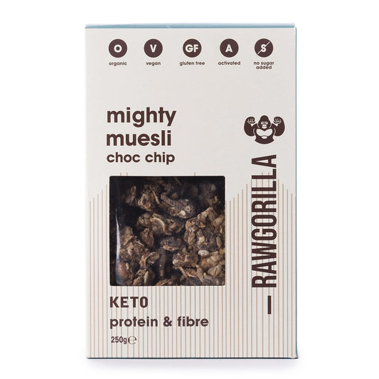 Organic Mighty Muesli Chocolate Chip Keto from Raw Gorilla in a 250g package, featuring crunchy muesli with chocolate chips.