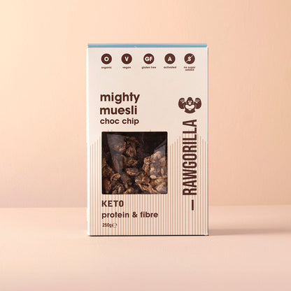 Organic Mighty Muesli Chocolate Chip Keto cereal by Raw Gorilla, 250g, with crunchy granola and chocolate chips in a natural setting.