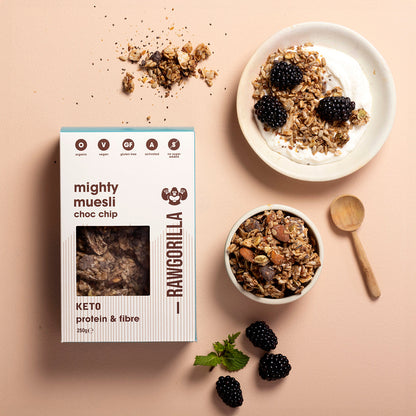Organic Mighty Muesli Chocolate Chip Keto cereal from Raw Gorilla in a 250g package with visible granola and chocolate chips.