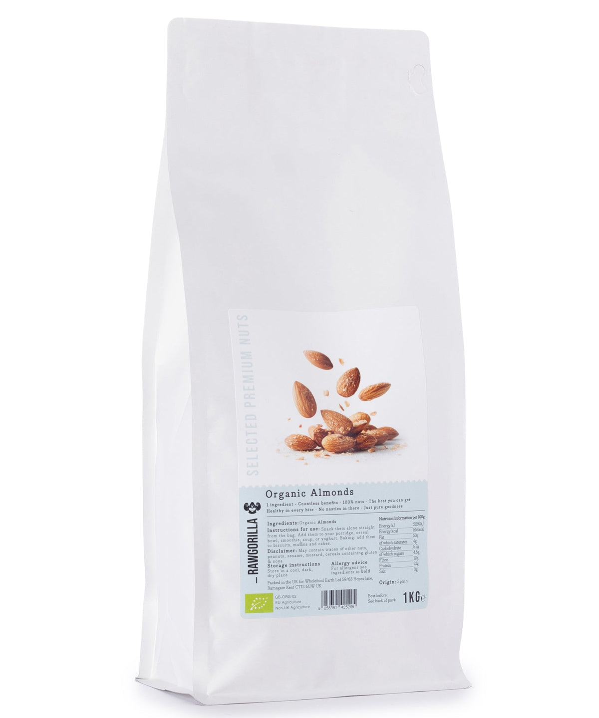 Raw organic almonds from RAWGORILLA, displayed in a 1kg package, part of Whole Food Earth’s nuts and seeds collection.