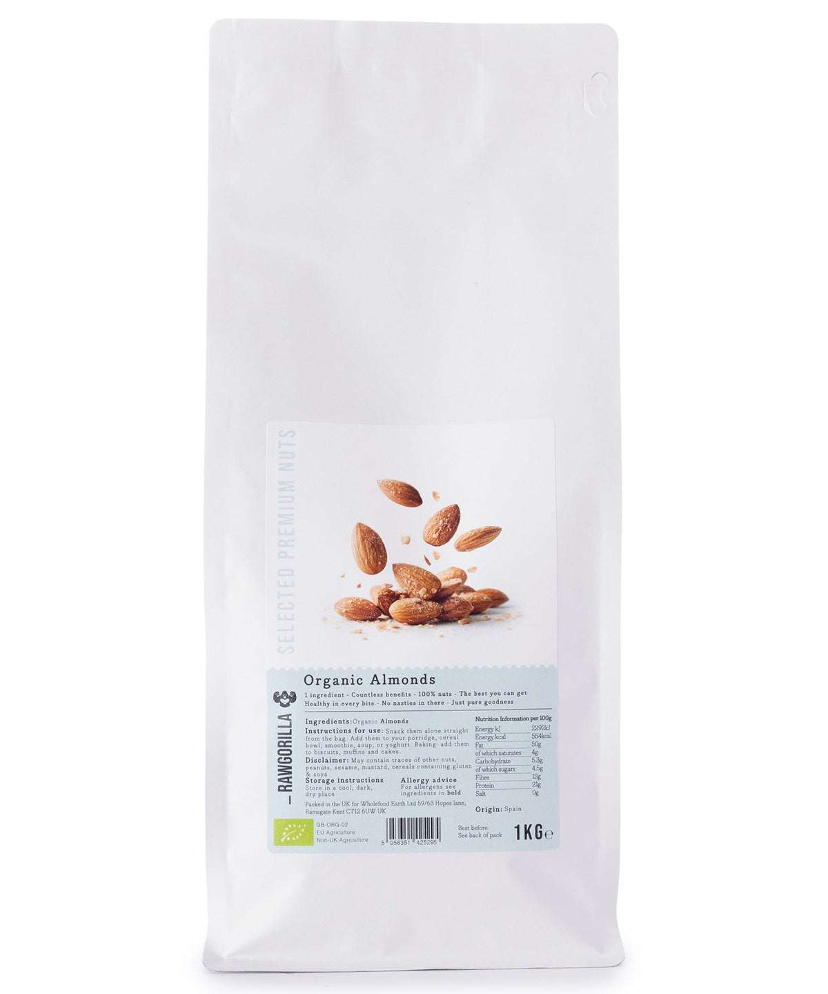 Raw organic almonds from RAWGORILLA, 1kg package, displayed in a clear bowl on a wooden surface, highlighting fresh, whole nuts.
