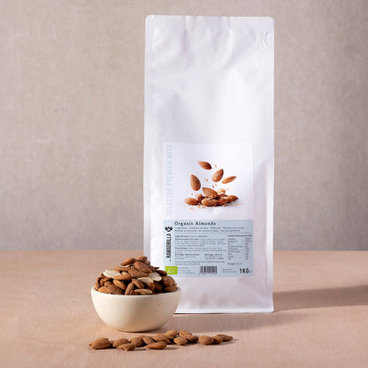 Raw organic almonds from RAWGORILLA, 1kg package, visible in a clear image, part of Whole Food Earth’s nuts and seeds selection.