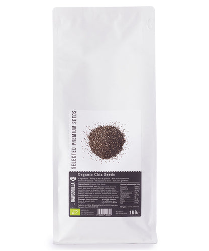 Organic chia seeds in a 1kg package by RAWGORILLA, displayed in a clear container with whole seeds visible.
