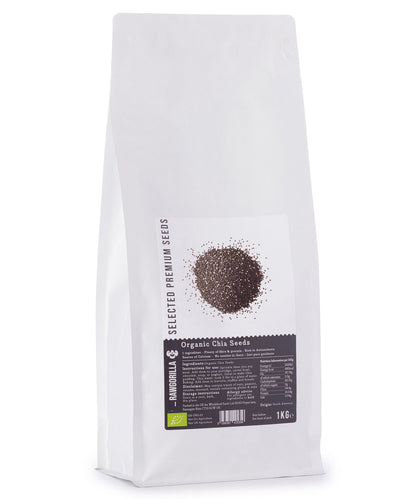 Organic chia seeds in a clear jar, showing small black and white seeds from RAWGORILLA, a Whole Food Earth product, 1kg package.