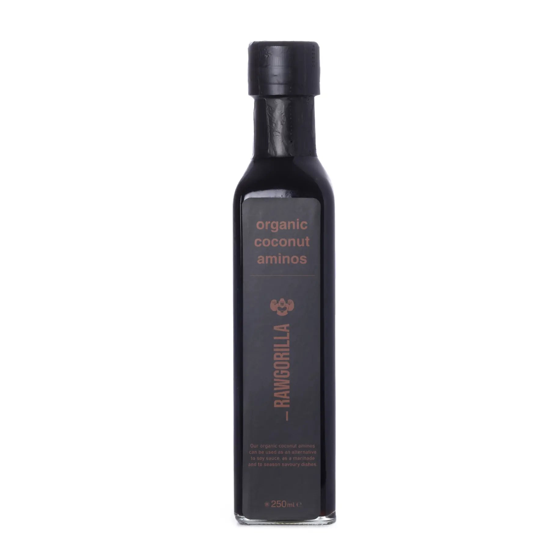 Organic Coconut Aminos bottle from RAWGORILLA, 250ml, a natural cooking sauce made from organic coconuts by Whole Food Earth.