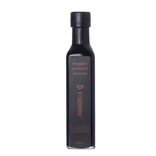 Organic Coconut Aminos bottle from RAWGORILLA, 250ml, a natural cooking sauce made from organic coconuts by Whole Food Earth.