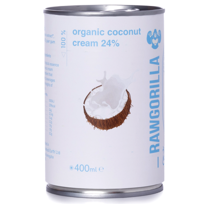 Organic coconut cream in a 400ml jar by RAWGORILLA, made by Whole Food Earth, showcasing smooth, creamy coconut product.