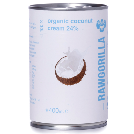 Organic coconut cream in a 400ml jar by RAWGORILLA, showcasing the creamy, white texture of the natural product.