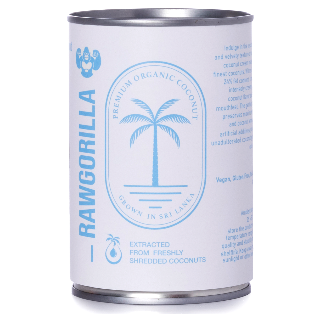 Organic coconut cream from RAWGORILLA in a 400ml container, produced by Whole Food Earth, showing the creamy white product.