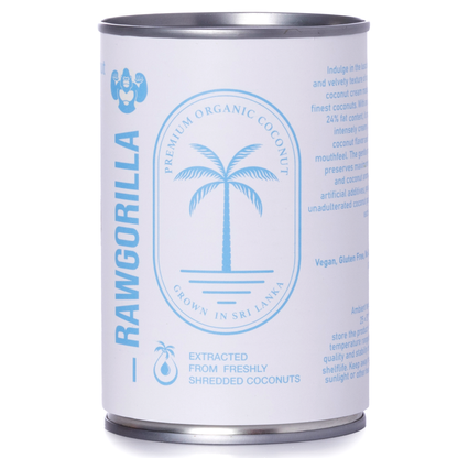 Organic coconut cream from RAWGORILLA in a 400ml container, produced by Whole Food Earth, showing the creamy white product.