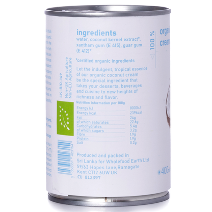 Organic coconut cream in a 400ml jar from RAWGORILLA, made by Whole Food Earth, showing creamy white coconut product.