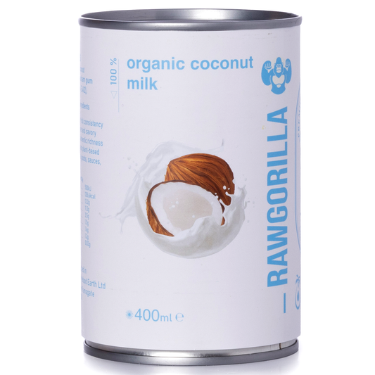 Organic coconut milk in a 400ml carton from RAWGORILLA, showcasing the creamy white liquid inside.
