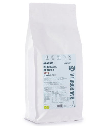 Organic Keto Chocolate Granola by RAWGORILLA in a 1kg package, featuring crunchy cereal with cocoa and organic ingredients.