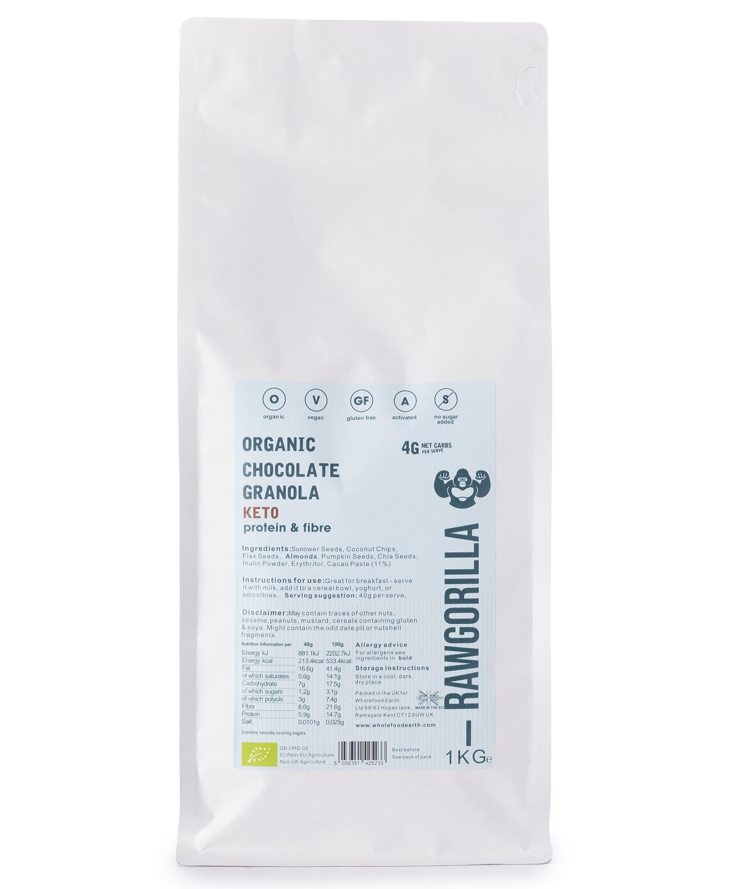 Organic Keto Chocolate Granola by RAWGORILLA in a 1kg package, featuring crunchy cereal with chocolate flavor from Whole Food Earth.