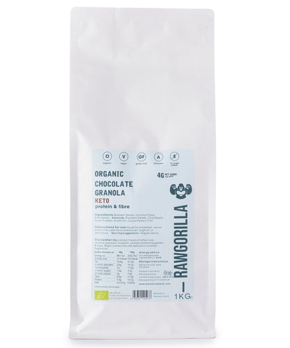 Organic Keto Chocolate Granola by RAWGORILLA in a 1kg package, featuring crunchy cereal with chocolate flavor from Whole Food Earth.