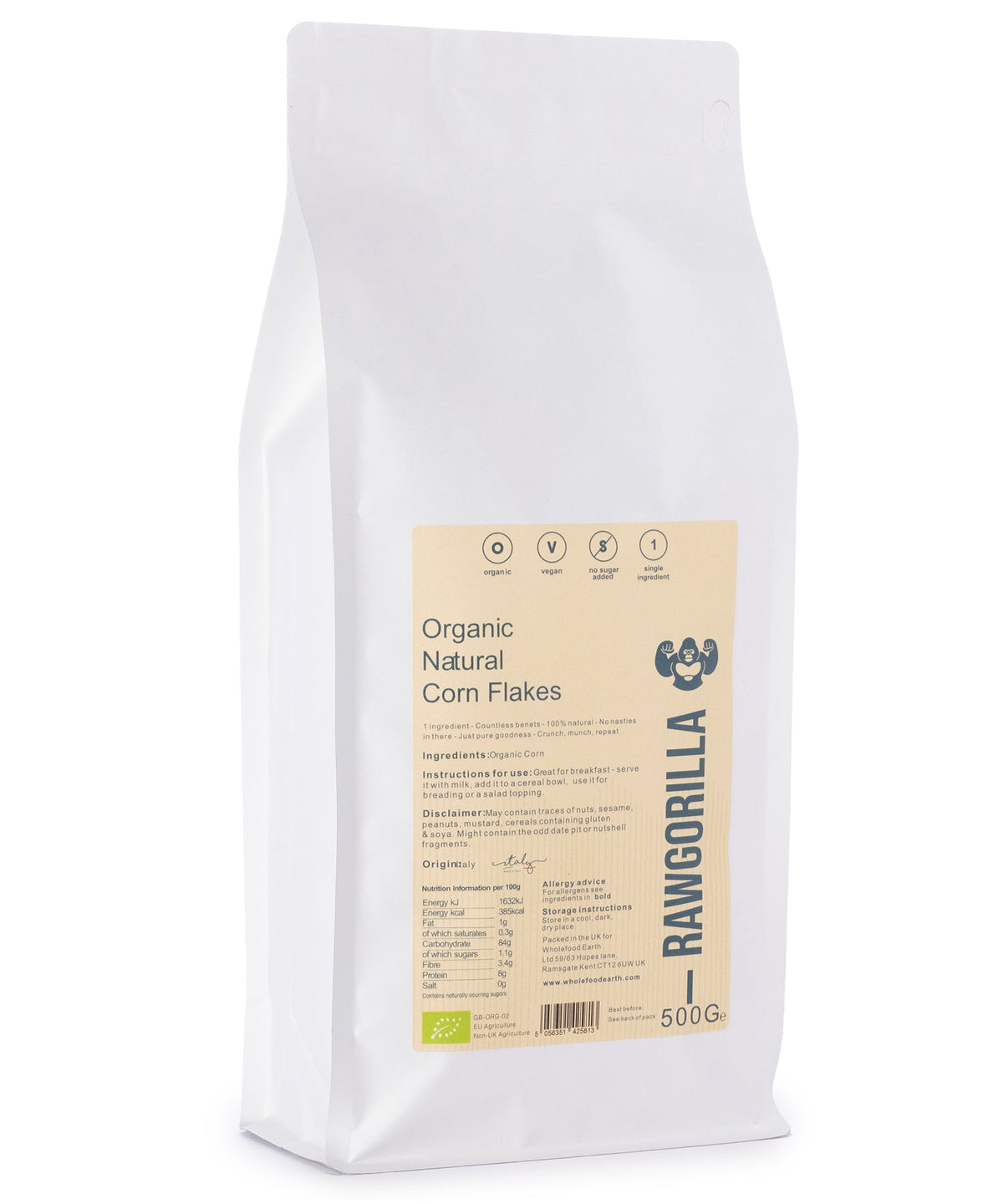Organic Natural Corn Flakes cereal from RAWGORILLA by Whole Food Earth in a 500g box, showing crispy golden corn flakes.