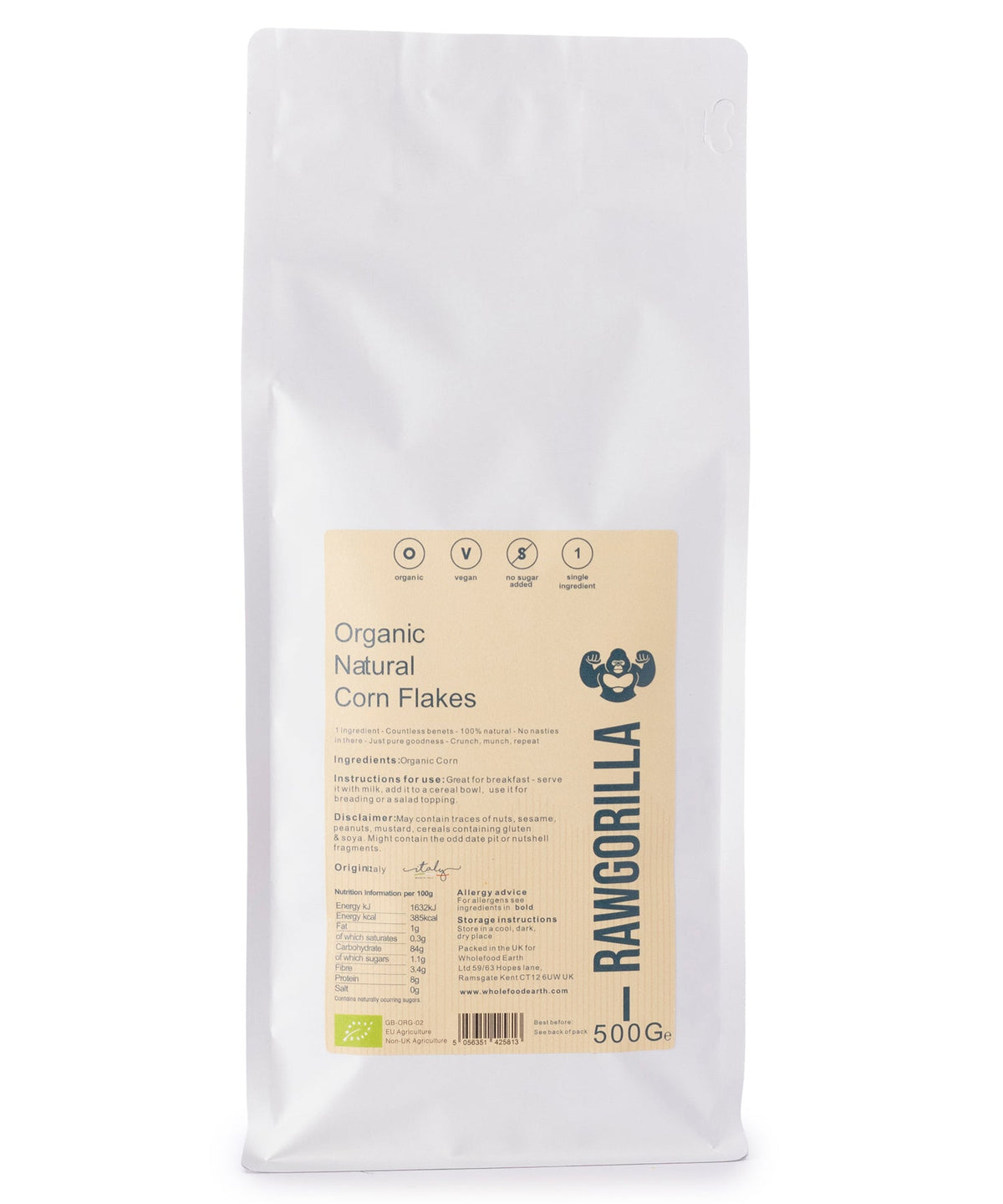 Organic Natural Corn Flakes cereal from RAWGORILLA in a 500g pack, made by Whole Food Earth, with golden corn flakes in a bowl.