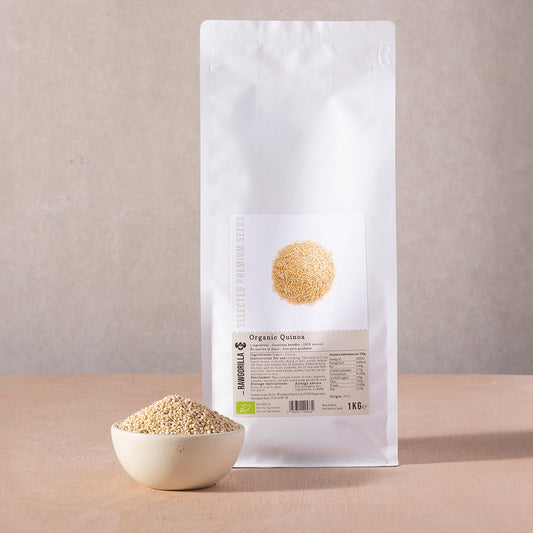 Organic RAWGORILLA quinoa in a 1kg package from Whole Food Earth, showcasing clean, raw whole grains on a plain background.