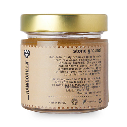 Organic Raw Hazelnut Butter from RAWGORILLA, natural nut butter by Whole Food Earth, showing a jar of creamy hazelnut spread.