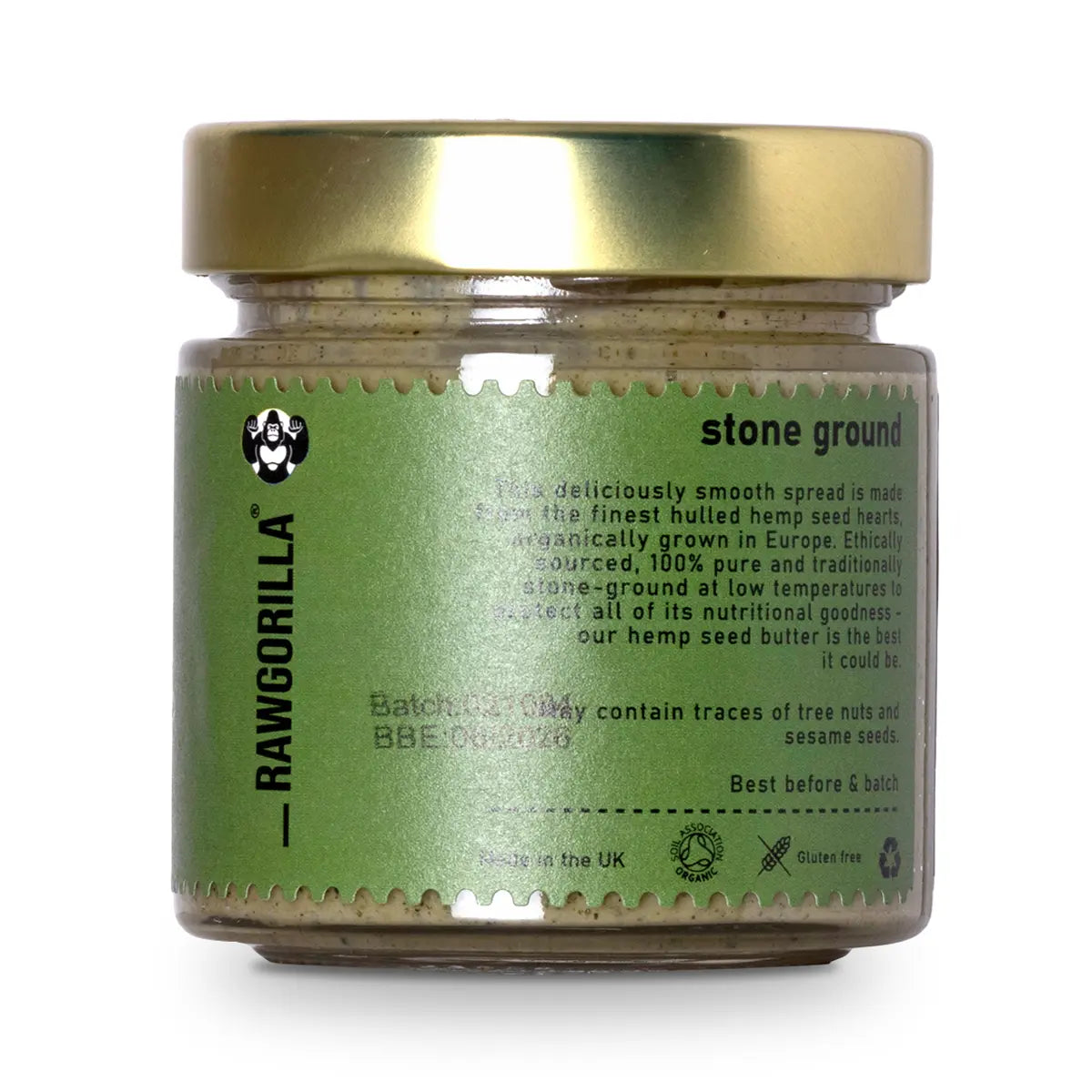 Raw Organic Hemp Seed Butter from RAWGORILLA by Whole Food Earth, showing creamy, natural hemp seed spread in a jar.
