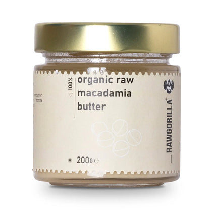 Organic Raw Macadamia Butter by RAWGORILLA in a jar, creamy nut butter from Whole Food Earth, made from raw macadamia nuts.