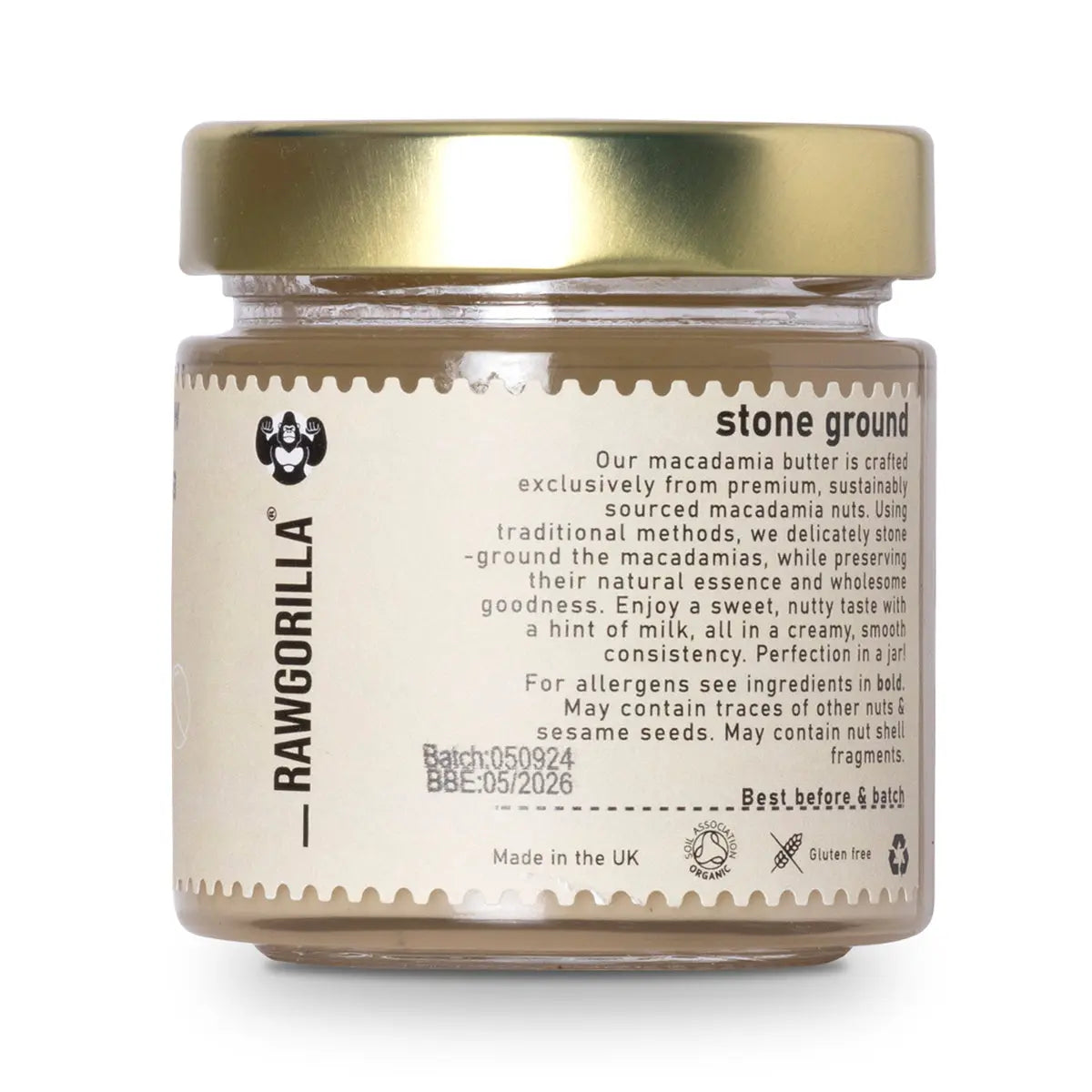 Organic Raw Macadamia Butter by RAWGORILLA, creamy nut butter in a jar, made from raw, organic macadamia nuts.