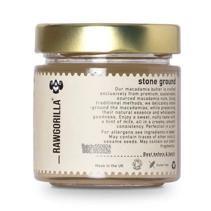 Organic Raw Macadamia Butter by RAWGORILLA, creamy nut butter in a jar, made from raw, organic macadamia nuts.