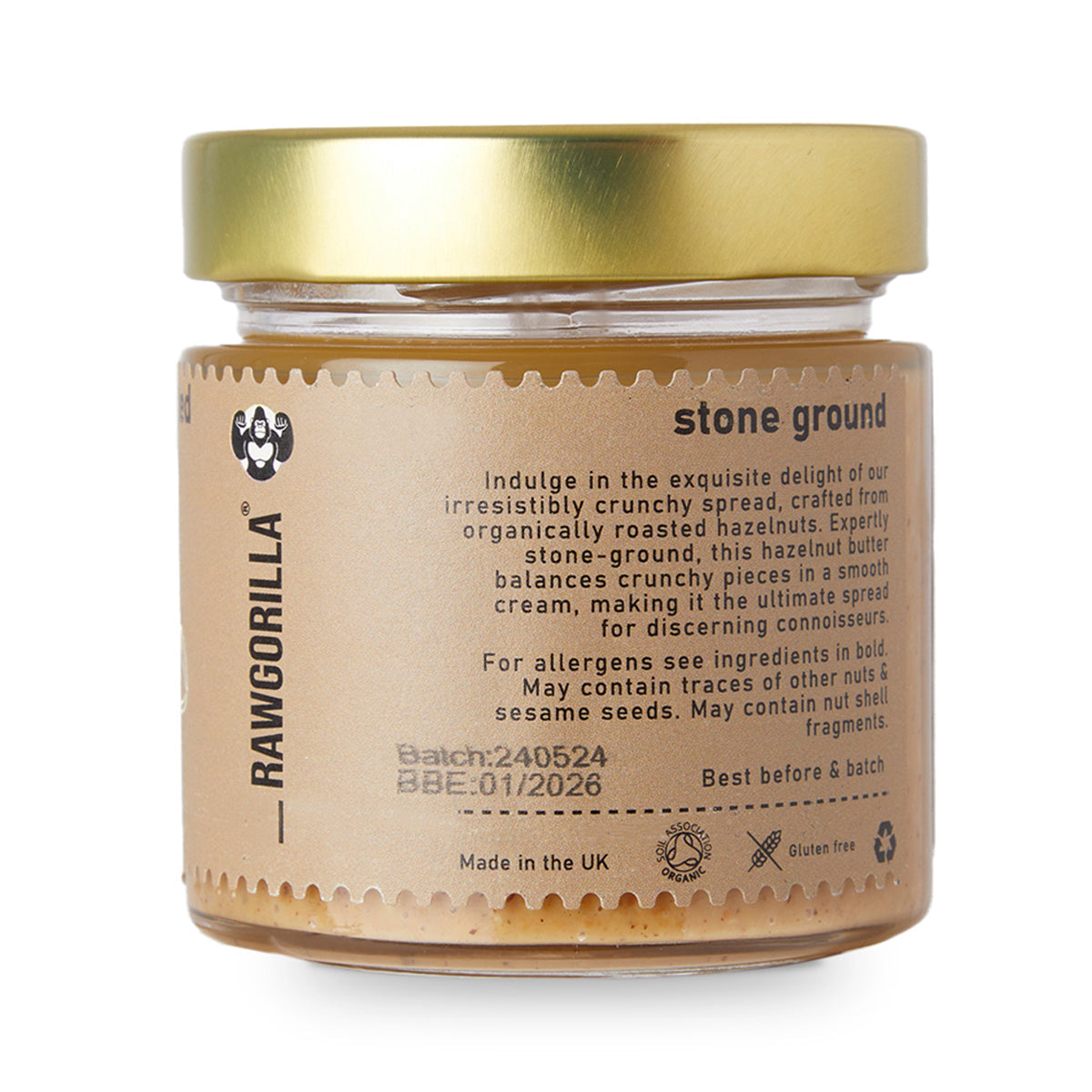 Organic toasted hazelnut butter by RAWGORILLA in a jar, showcasing creamy nut spread with a smooth texture and natural hazelnut color.