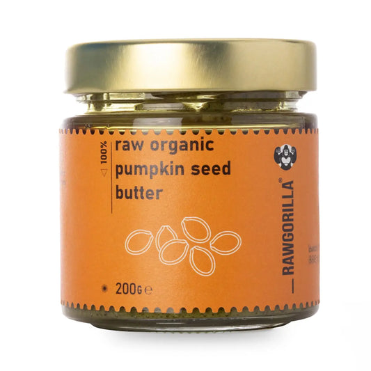 Raw organic pumpkin seed butter from RawGorilla, a creamy dip and spread by Whole Food Earth with a smooth, nutty texture.