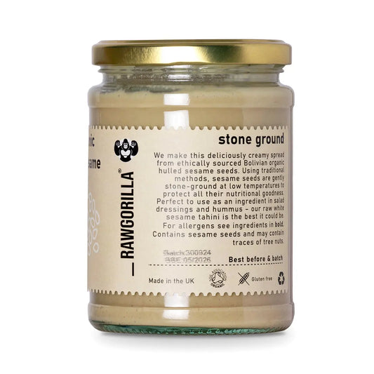 Raw Organic White Sesame Tahini from RawGorilla, a creamy spread made from whole food earth organic white sesame seeds.