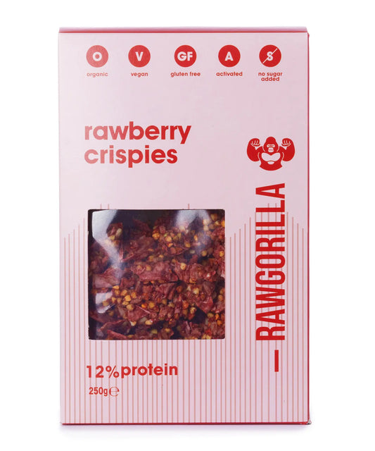 Rawberry Crispies by Raw Gorilla in a 250g package, showcasing fresh, crunchy strawberry-flavored snack pieces in a clear bag.