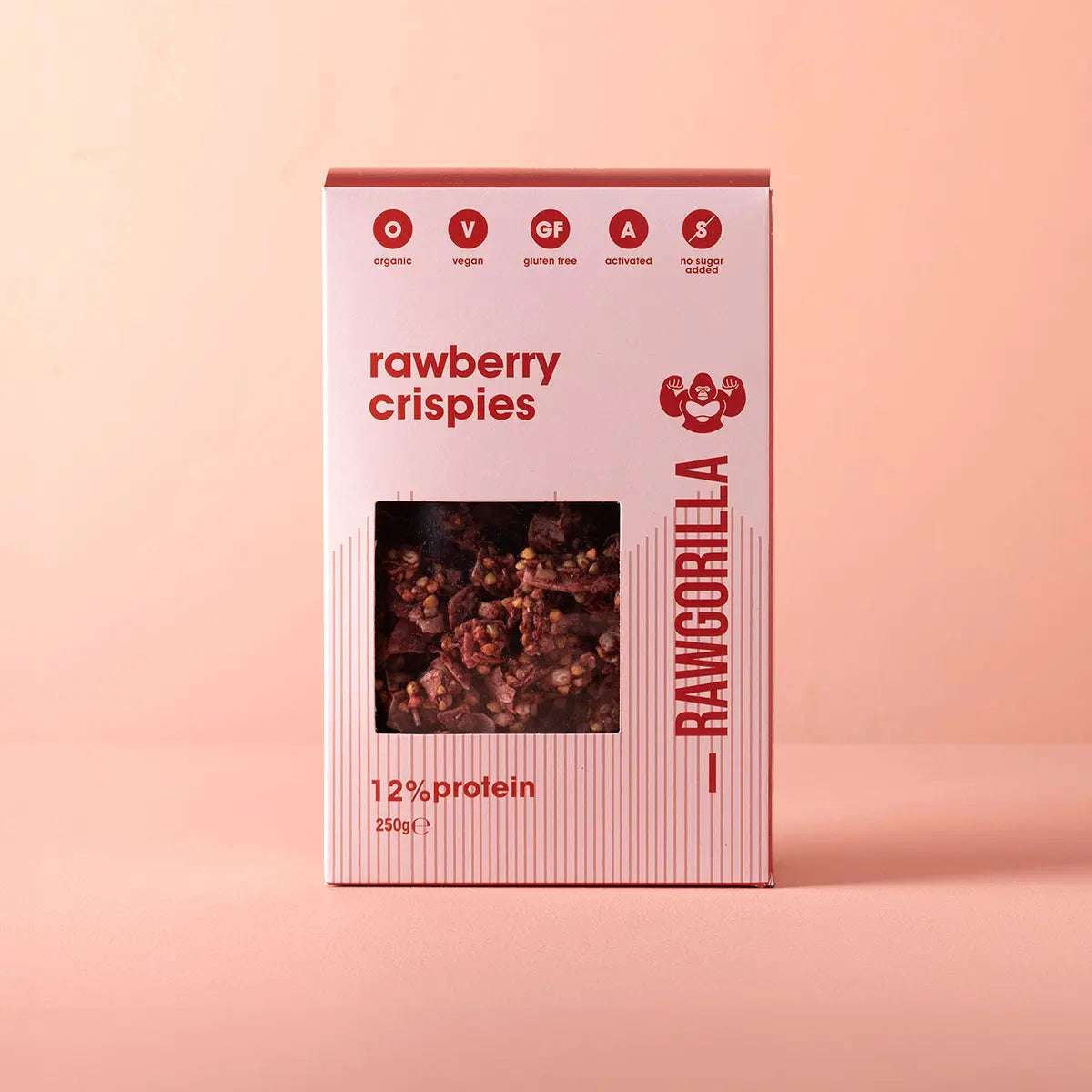 Raw Gorilla Rawberry Crispies breakfast cereal in 250g package, featuring crunchy strawberry-flavored whole grain flakes.