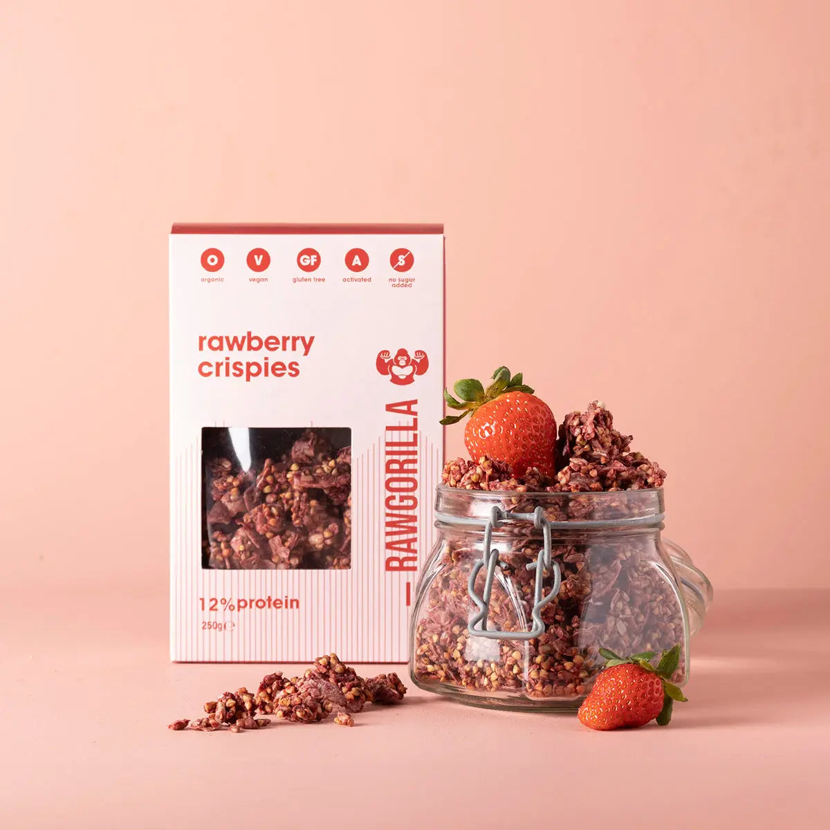 Raw Gorilla Rawberry Crispies breakfast cereal in a 250g package,Whole Food Earth product with fresh strawberry flavor.