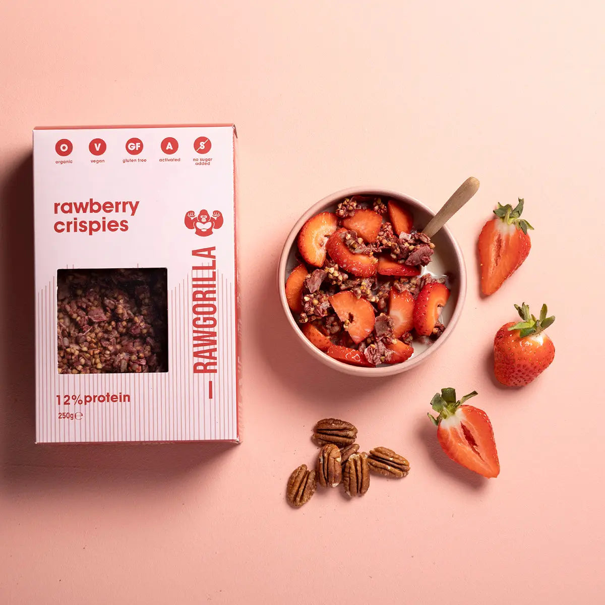 Raw Gorilla Rawberry Crispies breakfast cereal in a 250g package, featuring crunchy, natural strawberry-flavored grain flakes.