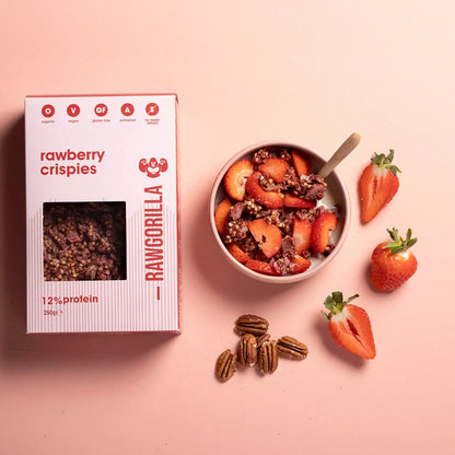Raw Gorilla Rawberry Crispies breakfast cereal in a 250g package, featuring crunchy, natural strawberry-flavored grain flakes.