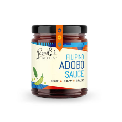 Filipino-style adobo sauce in a jar from RoniBs Kitchen, rich and flavorful condiment for Philippine dishes.