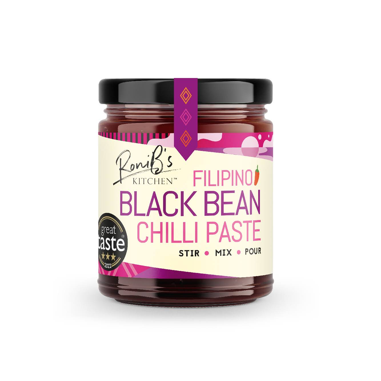 RoniBs Kitchen Filipino Black Bean Chilli Paste hot sauce, award-winning with a rich, spicy black bean chili flavor.