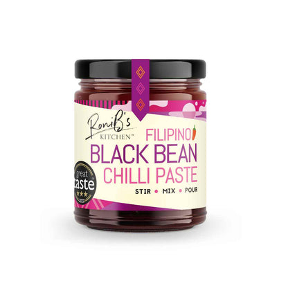 RoniBs Kitchen Filipino Black Bean Chilli Paste in a jar, showcasing its dark, rich texture and vibrant label design.