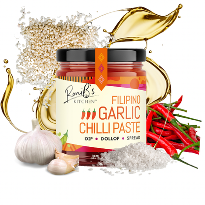 Filipino garlic chili paste with Scotch bonnets in a jar, showcasing fresh garlic, peppers, and spices, medium heat, vegan hot sauce.