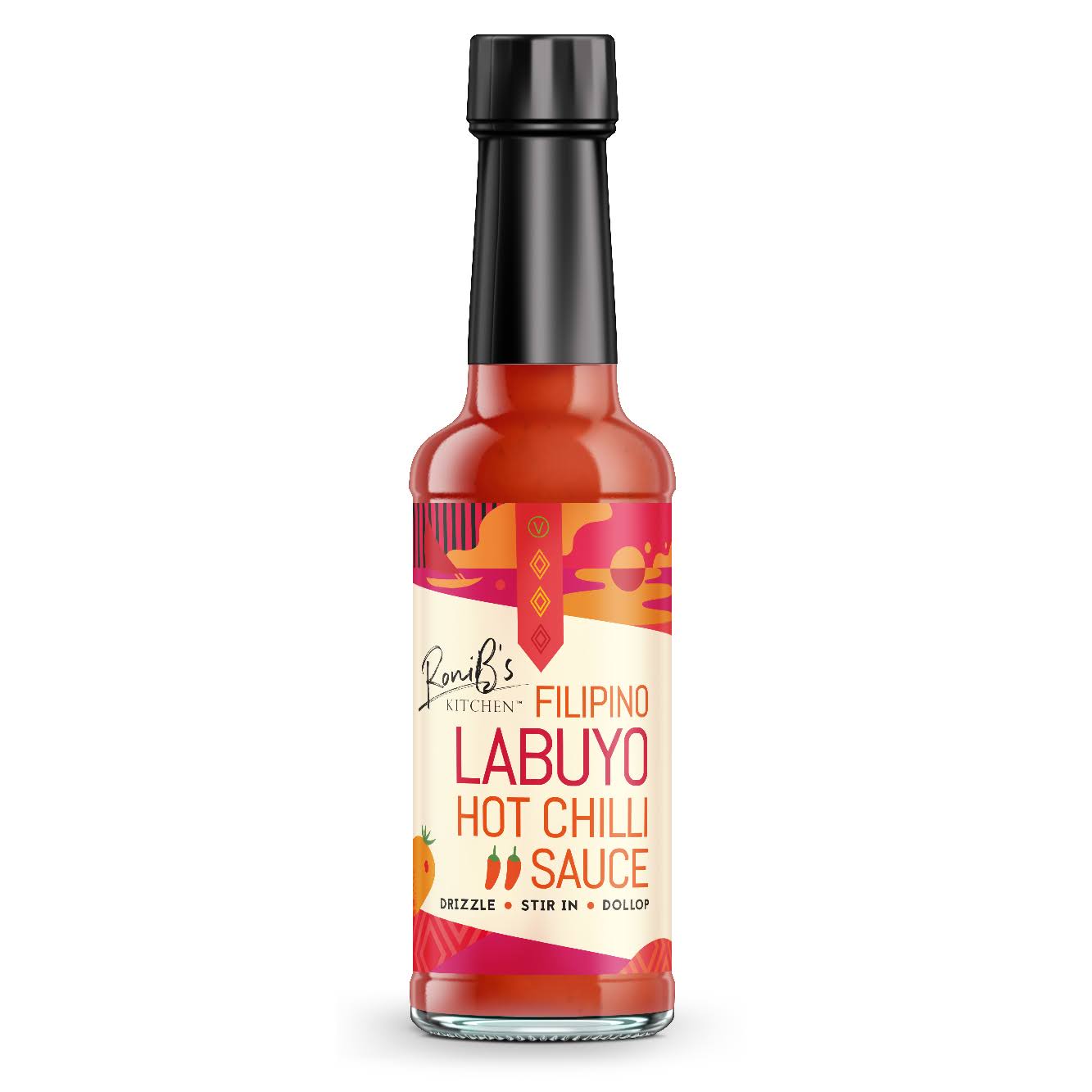 Filipino Style Labuyo hot chili sauce by RoniBs Kitchen in a glass bottle, vibrant red color, spicy hot sauce for dishes