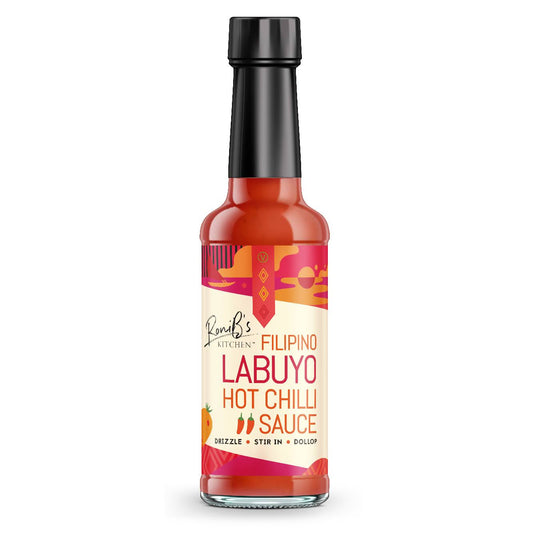 Filipino Style Labuyo hot chili sauce by RoniBs Kitchen in a glass bottle, vibrant red color, spicy hot sauce for dishes