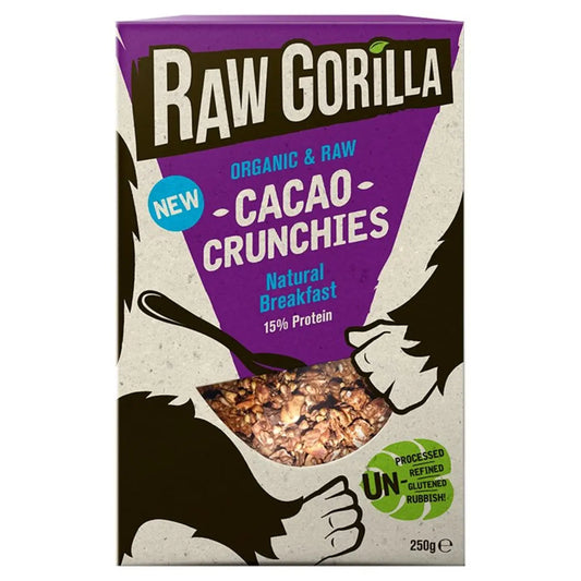 Raw Gorilla Cacao Crunchies 250g in a clear bag with crunchy cacao nibs and chocolate pieces, showing the snack's texture and ingredients.
