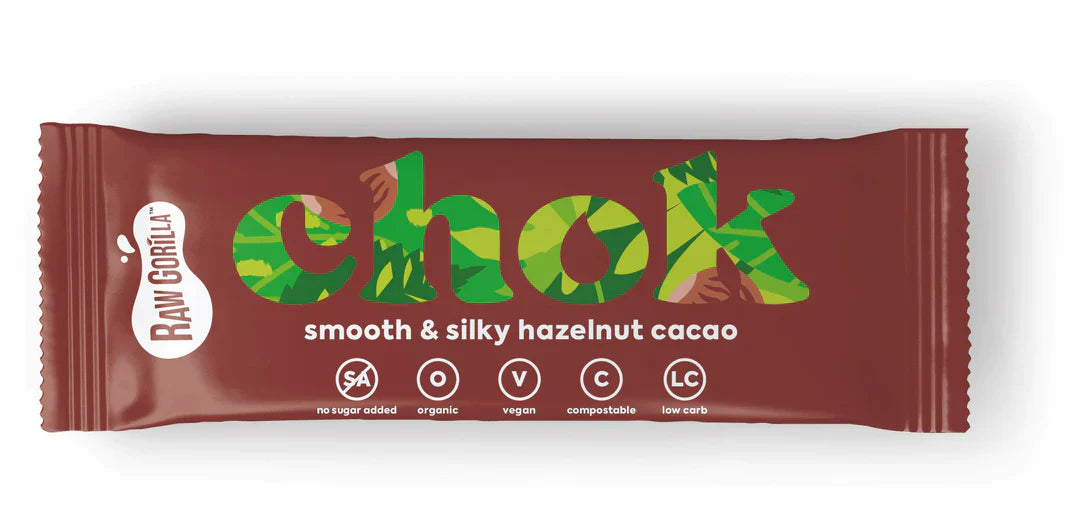 Chok Smooth & Silky Hazelnut Cacao Bar by RAWGORILLA, 35g, Whole Food Earth, showing the chocolate bar with hazelnuts and cacao.