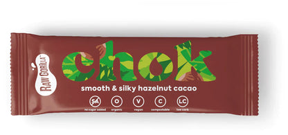 Chok Smooth & Silky Hazelnut Cacao Bar by RAWGORILLA, 35g, Whole Food Earth, showing the chocolate bar with hazelnuts and cacao.