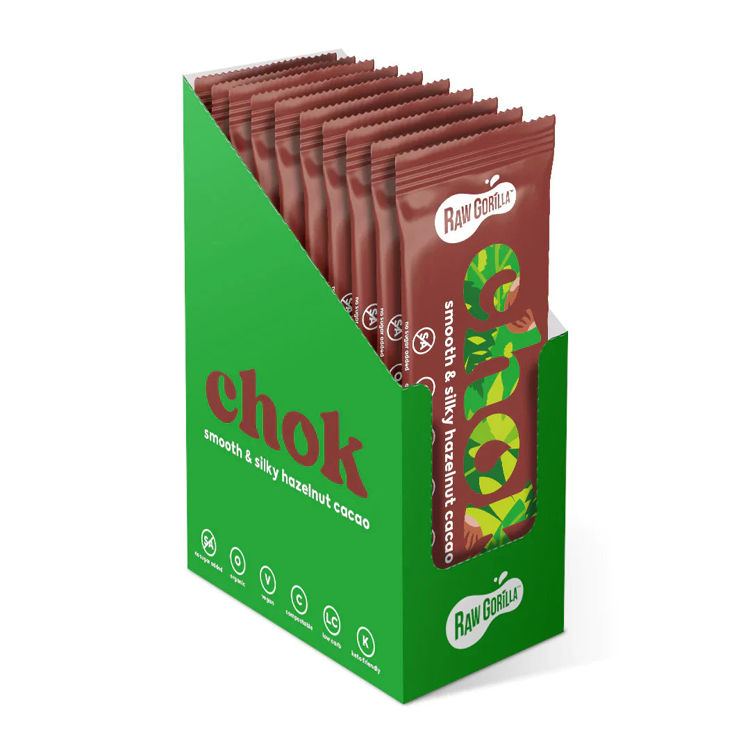 Open Chok Smooth & Silky Hazelnut Cacao Bar by Whole Food Earth, showing creamy hazelnut chocolate inside a 35g RAWGORILLA candy bar.