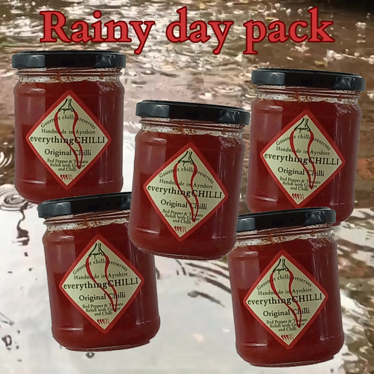 Bundle of five Rainy Day Packs featuring original Chilli Relish from everythingCHILLI, displayed in a colorful, convenient package.
