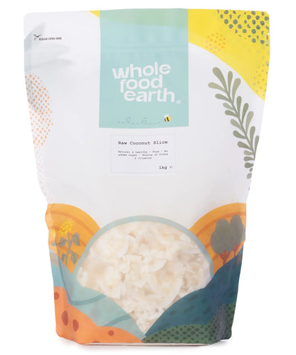 Dried raw coconut slices from Whole Food Earth, 1kg package, showing golden brown, shredded coconut pieces on a white background.