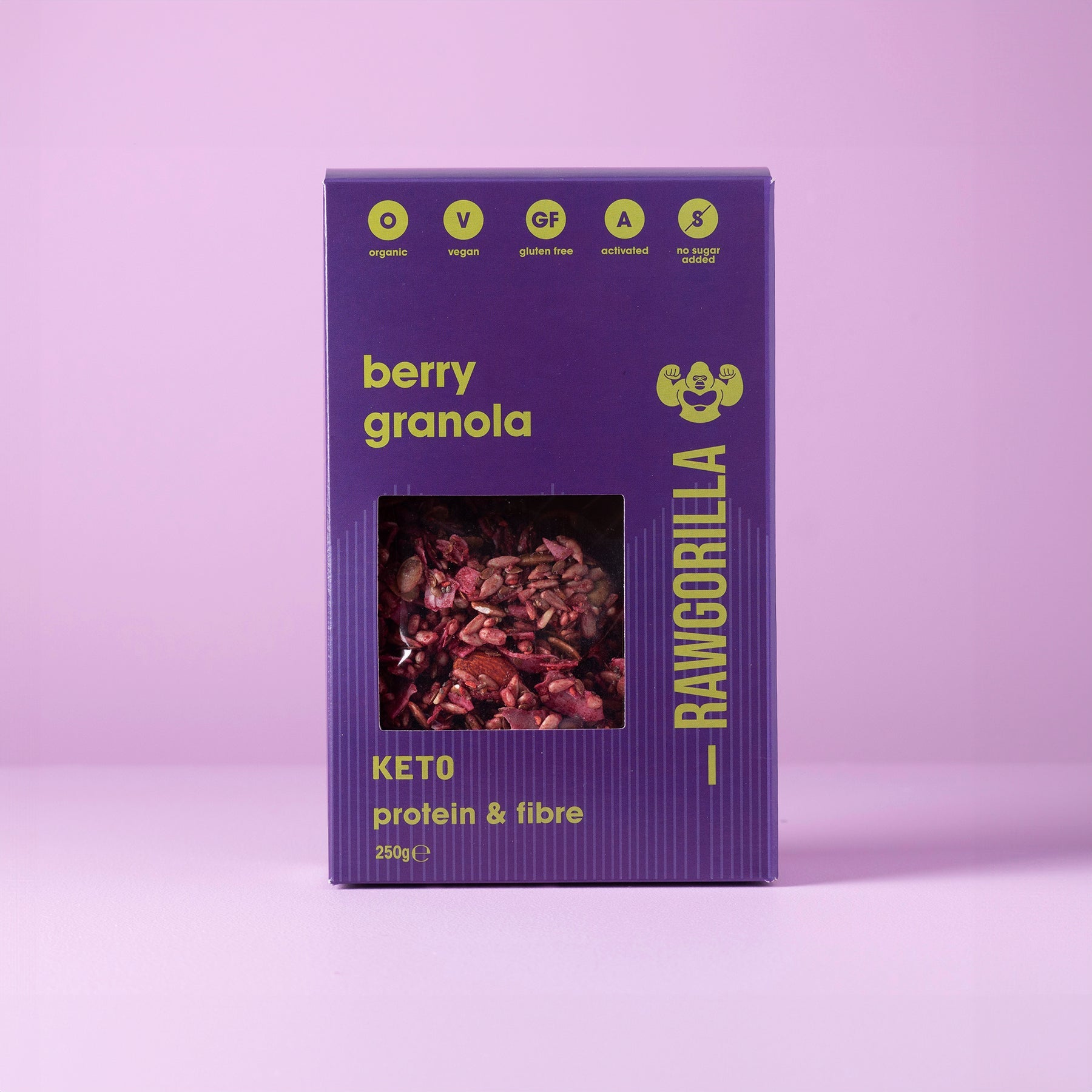 Organic berry granola cereal by Raw Gorilla in a 250g package, featuring a keto-friendly mix of berries and crunchy granola.